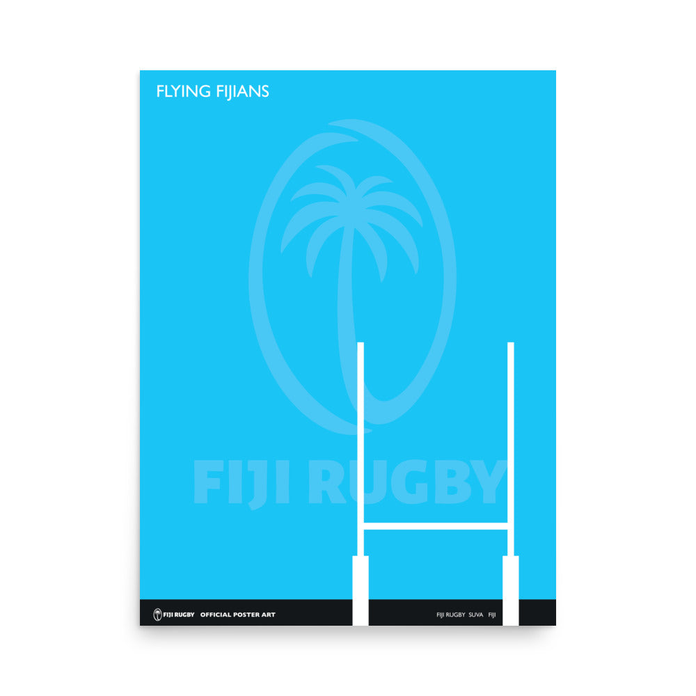 The PF LIC Fiji Rugby Shadow Logo poster features their logo on a vibrant blue background, perfect for rugby enthusiasts.