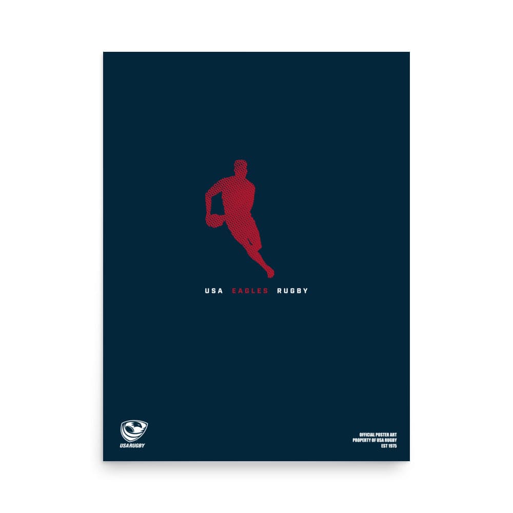 A red and blue PF LIC USA Rugby Silhouette Poster featuring a basketball player silhouette.