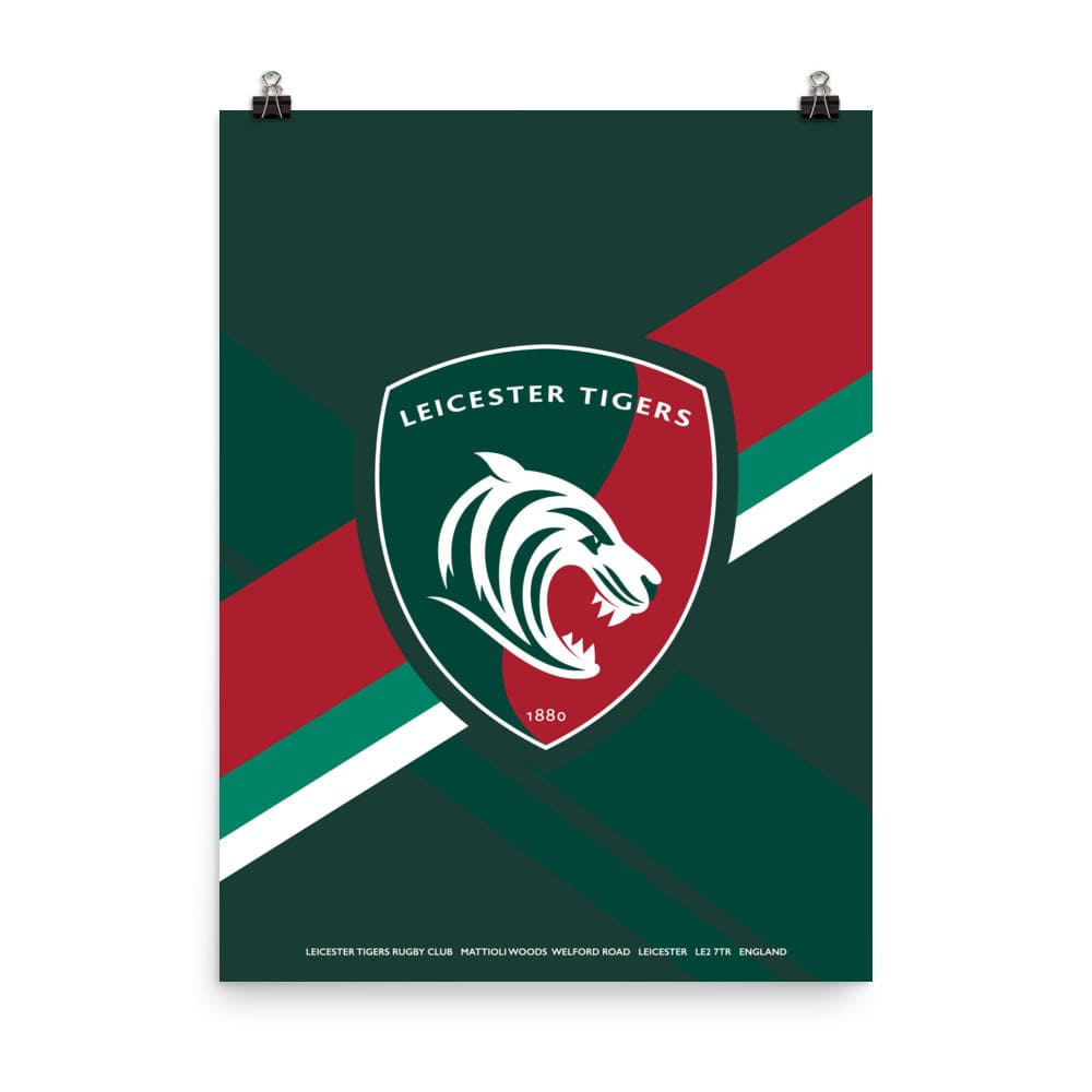 An official rugby poster featuring the Leicester Tigers logo.