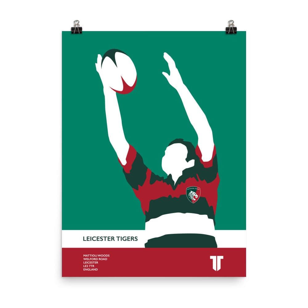 An official PF LIC Leicester Tigers 'Rugby Catch' Poster featuring a player catching a ball.