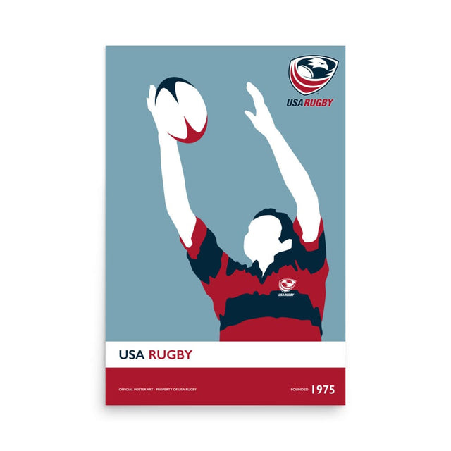 Light blue poster with USA Rugby player catching the ball and the USAR logo upper right and 'USA RUGBY' inscription bottom left.