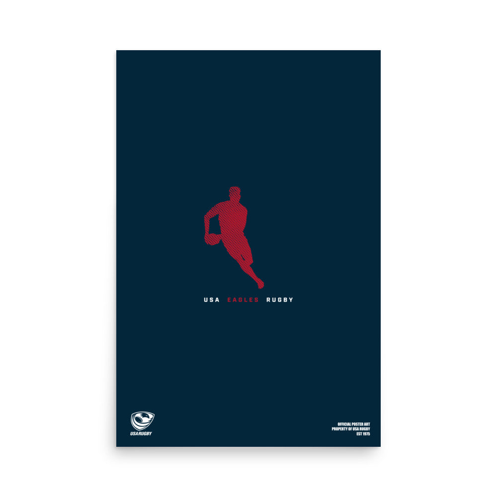 A PF LIC USA Rugby Silhouette Poster featuring a silhouette of a man running against a dark background, perfect for rugby enthusiasts.