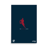A PF LIC USA Rugby Silhouette Poster featuring a silhouette of a man running against a dark background, perfect for rugby enthusiasts.