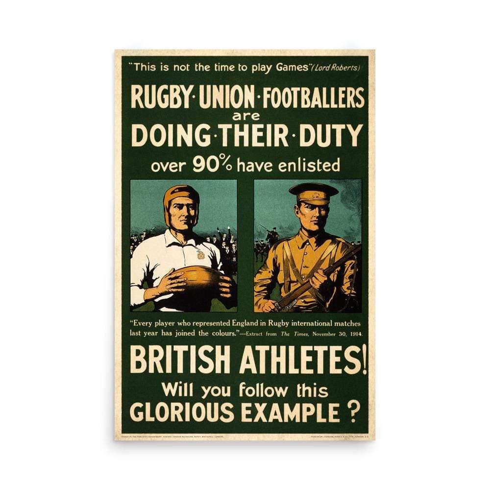 A Vintage WWI Rugby Poster of two men playing a game of football.