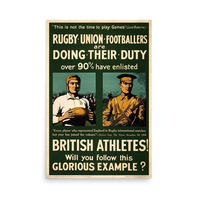 A Vintage WWI Rugby Poster of two men playing a game of football.
