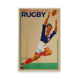 A Vintage Federation Francaise De Rugby Joe Bridge poster of a rugby player catching a ball.