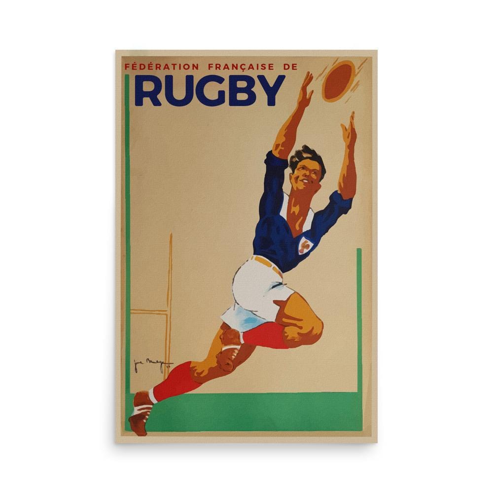 A Vintage Federation Francaise De Rugby Joe Bridge poster of a rugby player catching a ball.