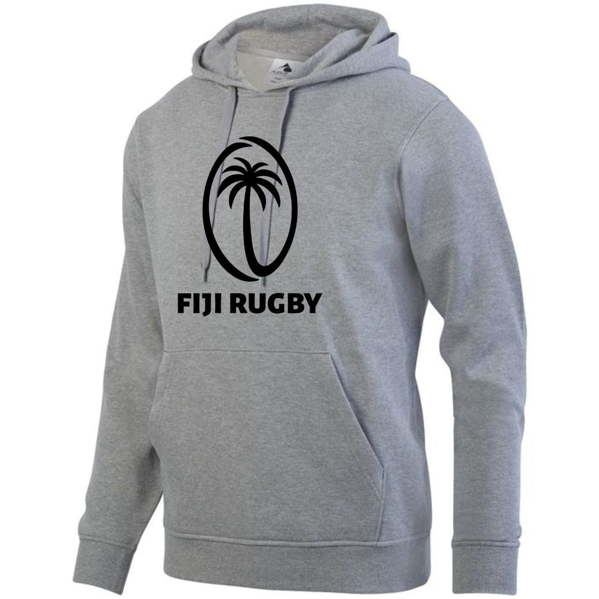 Grey hoodie with kangaroo pocket and large, black Fiji Rugby logo on front.
