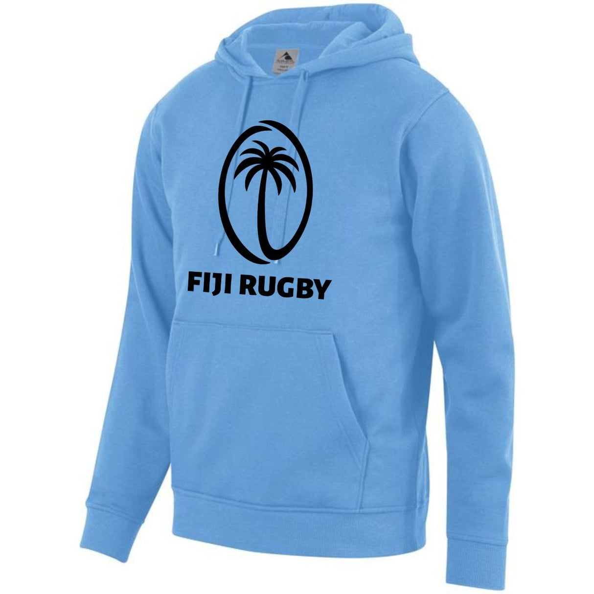 Light blue hoodie with kangaroo pocket and large, black Fiji Rugby logo on front.