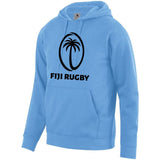 Light blue hoodie with kangaroo pocket and large, black Fiji Rugby logo on front.
