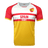 White round neck short sleeve jersey with red shoulders and arm sleeves trimmed in red. Flag of Spain on upper left shoulder, red stripes in the center with Spain in red and Rugby below in white in the red stripe. Torso is yellow.
