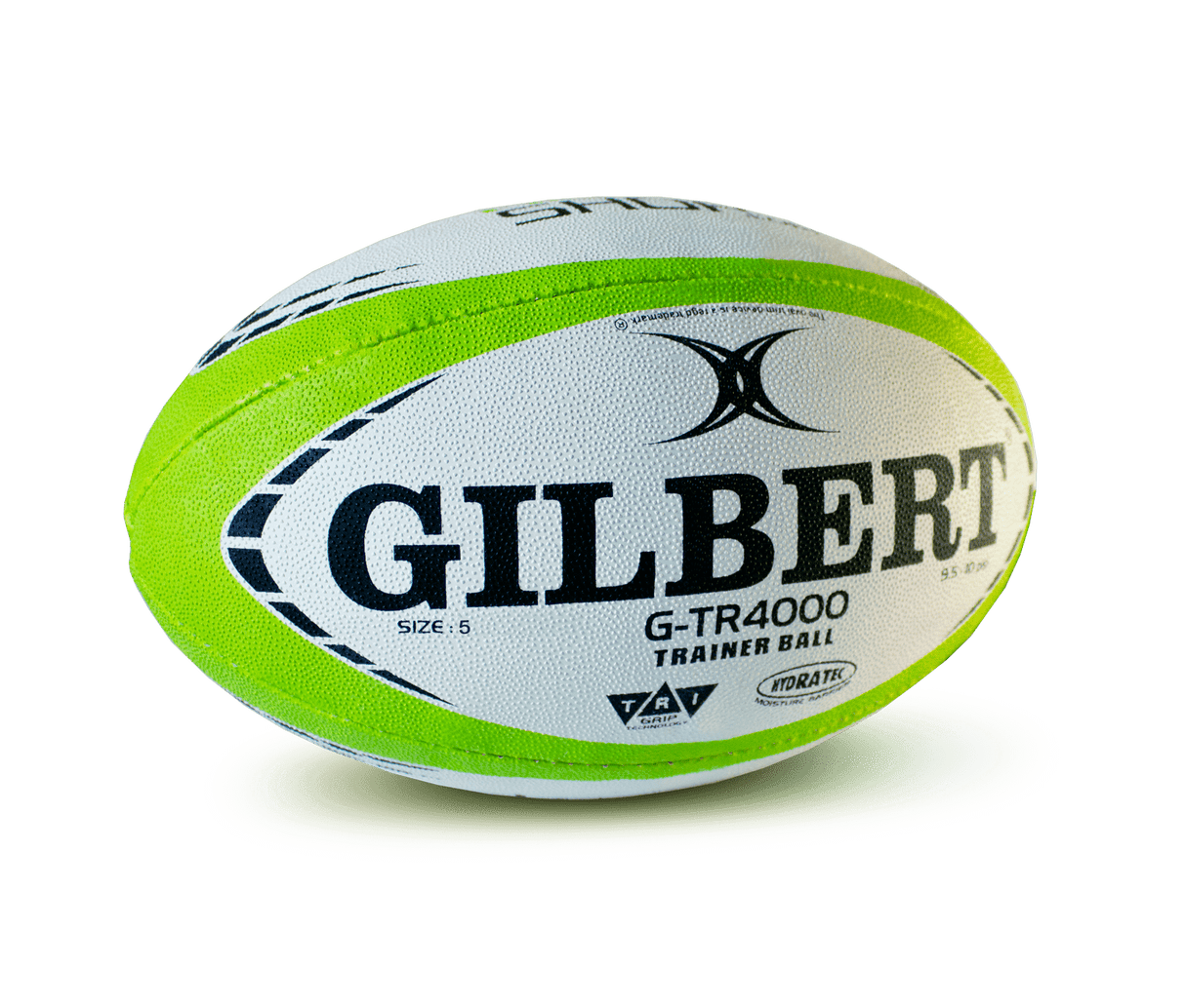 Gilbert G-TR4000 rugby ball for training in white, black, and green size 5