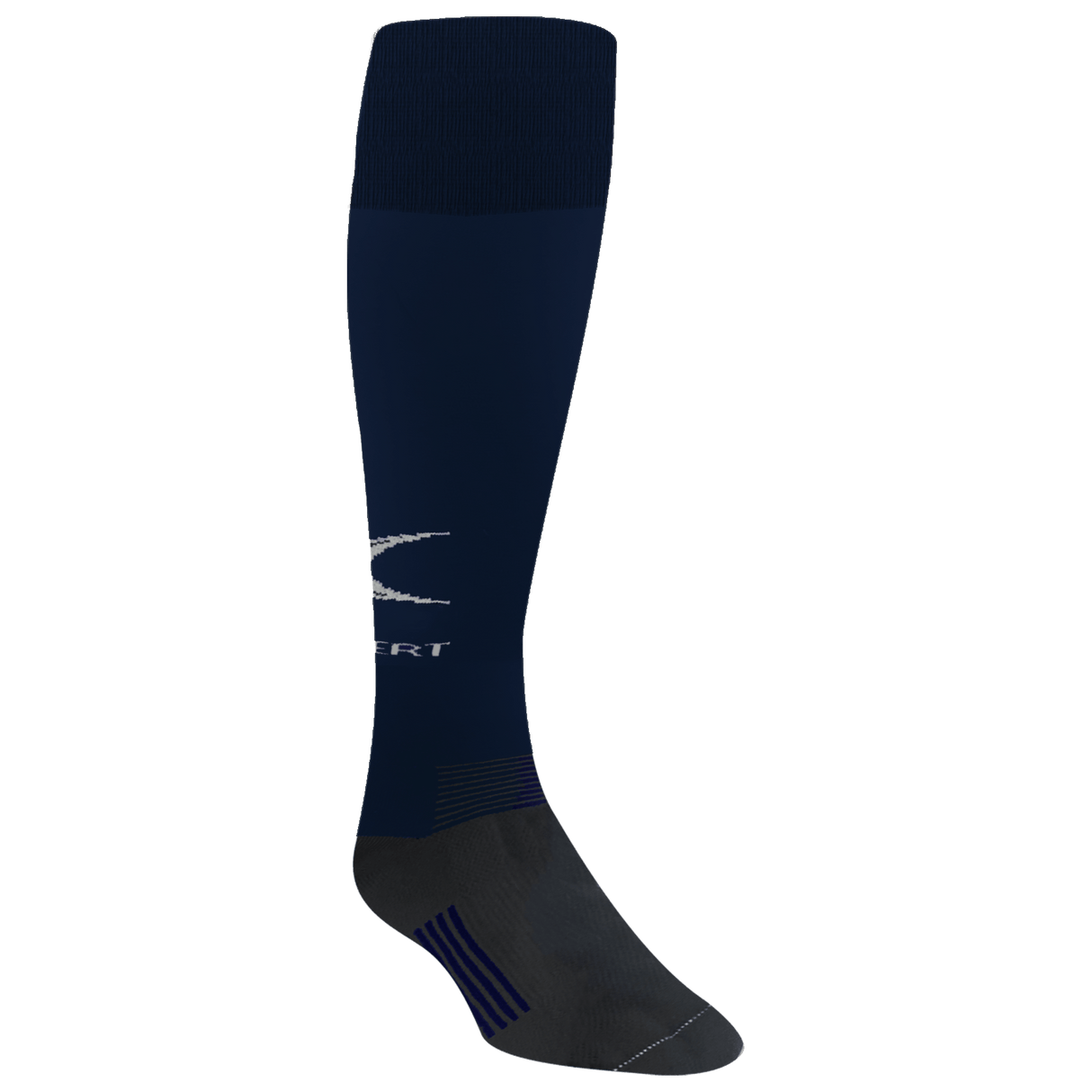 Long rugby socks in navy blue with gray footie and white gilbert logo