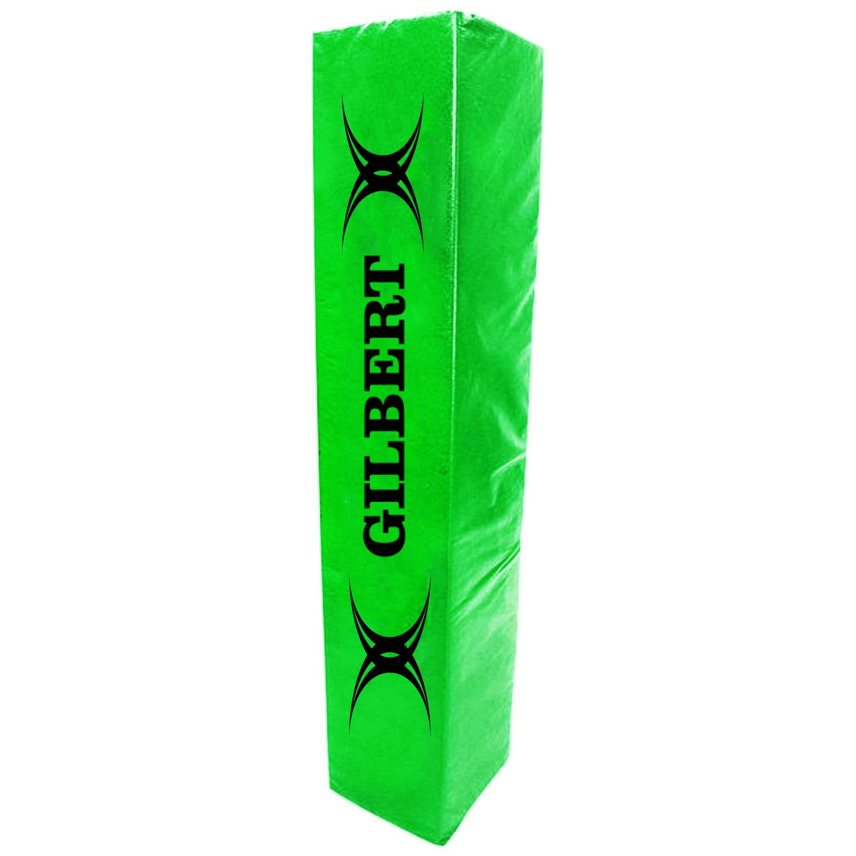 A Gilbert Elite Green Square Rugby Post Pad with a black logo on it.