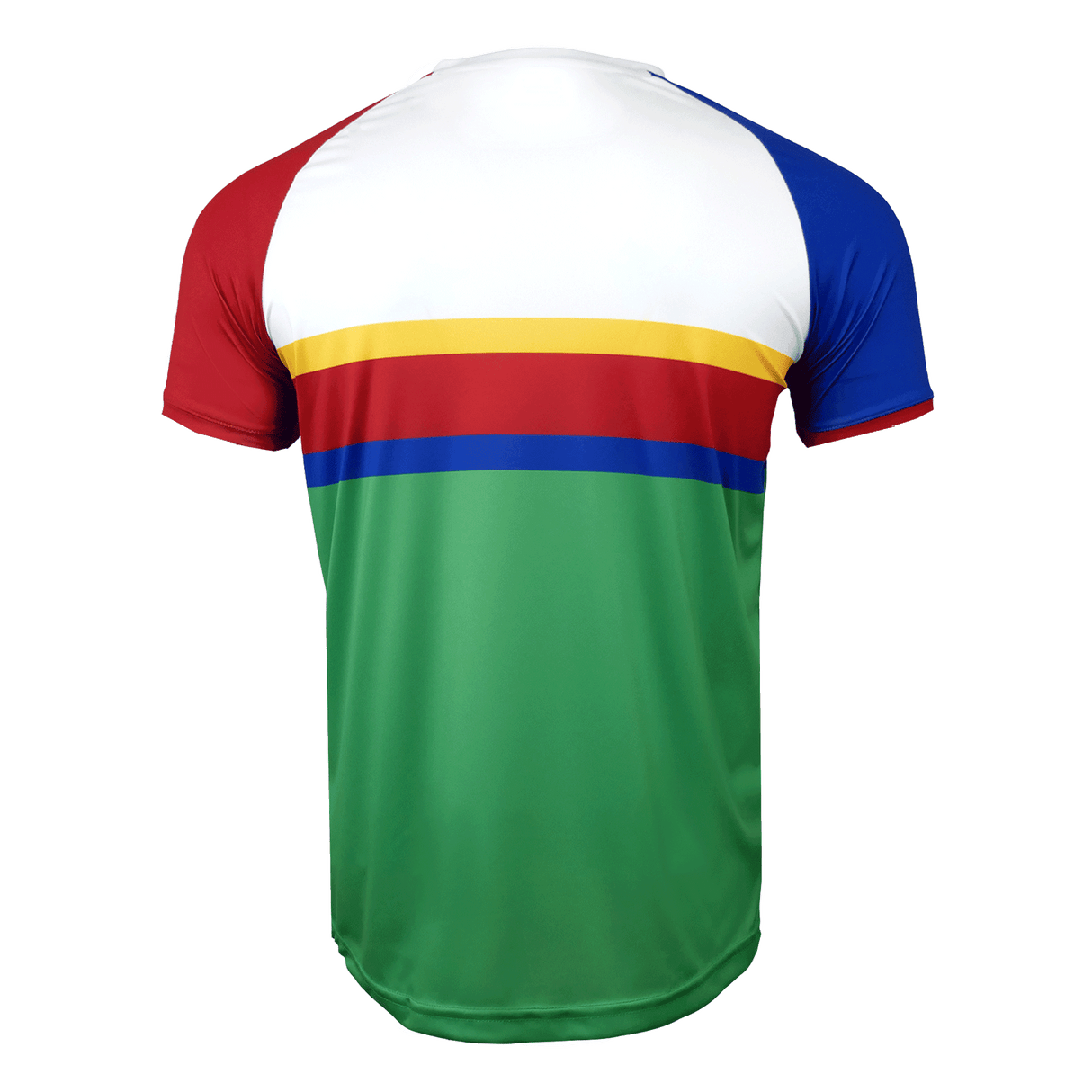 Back side of Namibia jersey. White upper back, right blue shoulder trimmed in red while red left shoulder and sleeve. Yellow, red, blue horizontal stripes with green lower half.