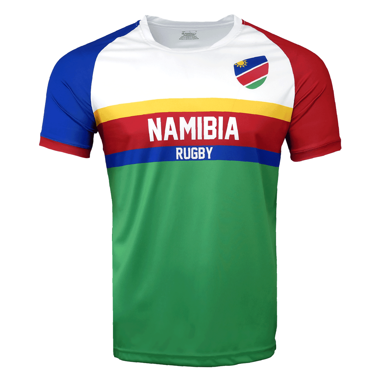 Round neck, short sleeve Namibia jersey. White upper chest with flag detail on upper left side. Right shoulder and sleeve trimmed in red while left shoulder and sleeve in all red. Horizontal yellow, red and blue stipes in the center with white Namibia in the red stripe and Rugby in the blue stripe. Green lower torso.