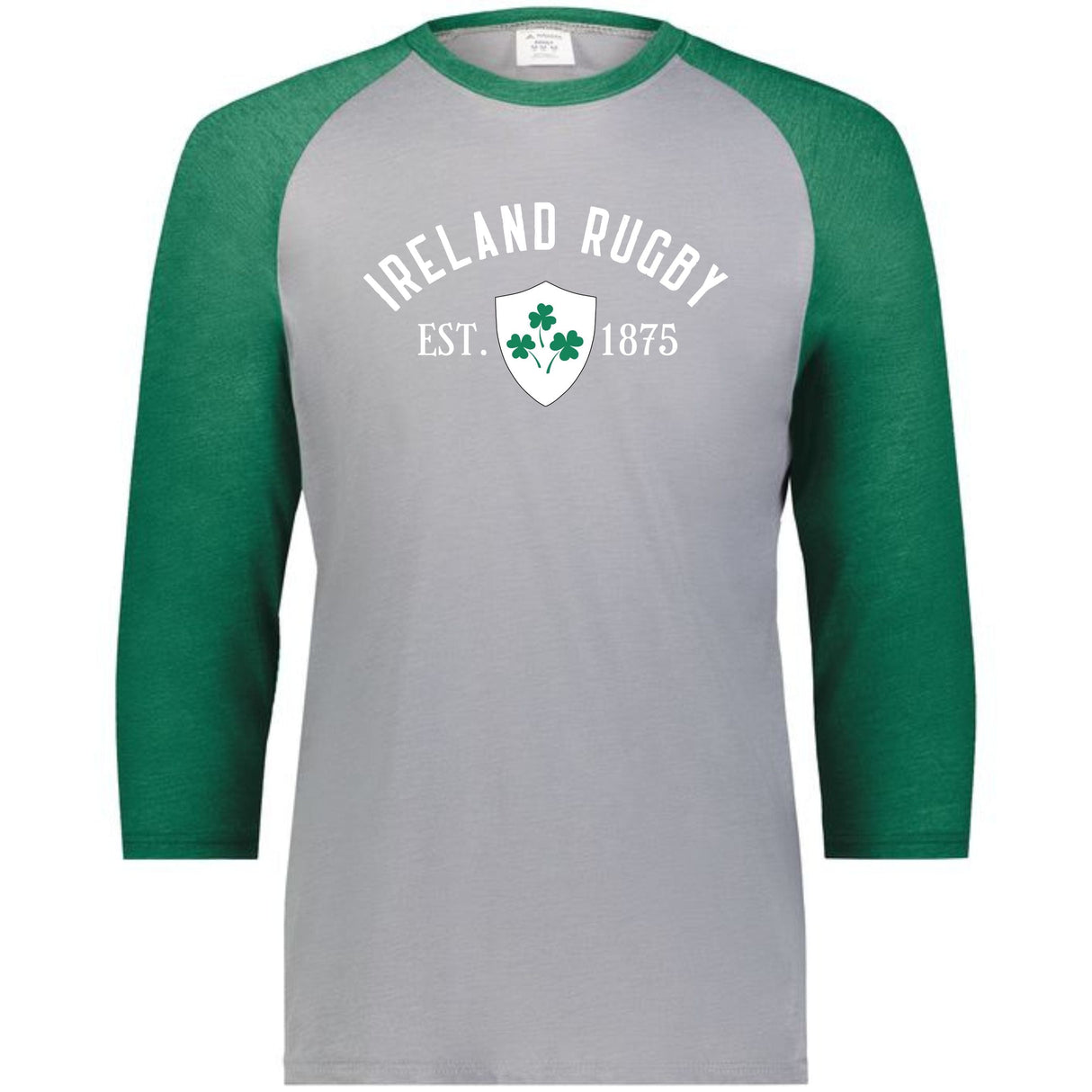 Grey tee with green 3/4 raglan sleeves, a green collar, and a white 'Ireland Rugby Est 1875' design on front.