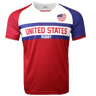 Round neck short sleeve jersey with white chest and upper left American flag in corner. Red right shoulder and sleeve and blue left shoulder and sleeve trimmed in red. Two horizontal blue stripes run across the chest. United States centered in red on the white jersey with Rugby in white on the blue stripe. The lower torso is red.