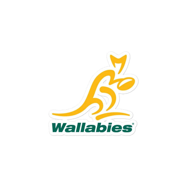 A Wallabies Bubble-Free Sticker of a kangaroo with the word Wallabies on it.