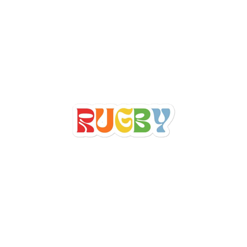 Sticker of the word 'RUGBY' with each letter a different rainbow color.