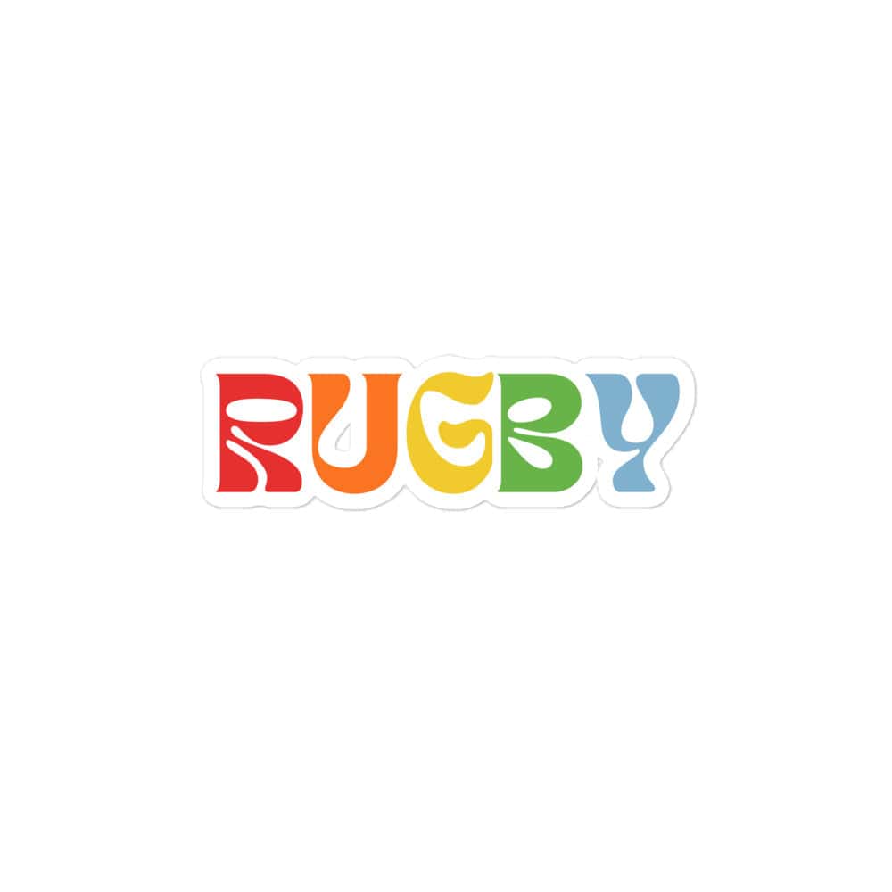 Sticker of the word 'RUGBY' with each letter a different rainbow color.