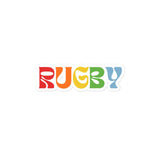 Sticker of the word 'RUGBY' with each letter a different rainbow color.