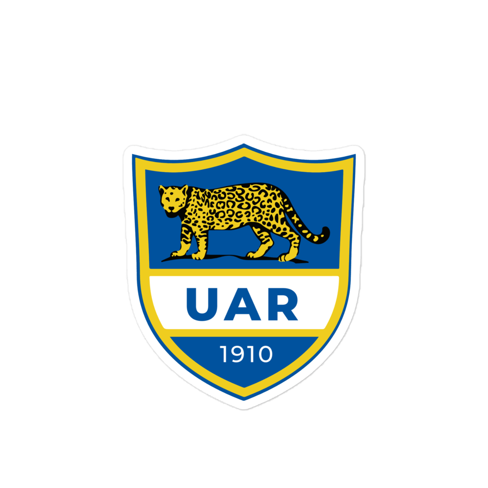 a blue and yellow Argentina Vintage Rugby Bubble-free sticker with a cheetah on it.