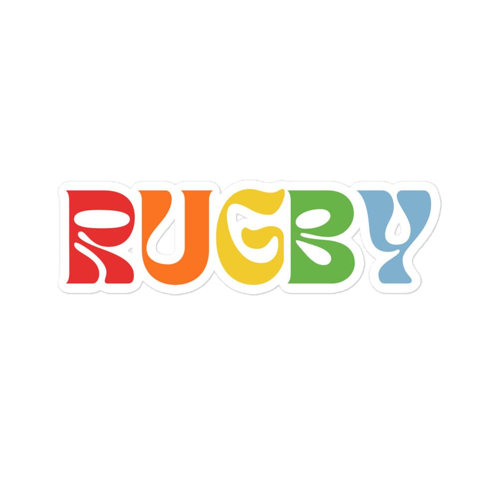Sticker of the word 'RUGBY' with each letter a different rainbow color.
