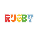 Sticker of the word 'RUGBY' with each letter a different rainbow color.