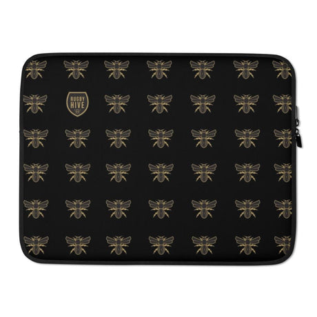A Rugby Hive Laptop Sleeve with gold bees on it.