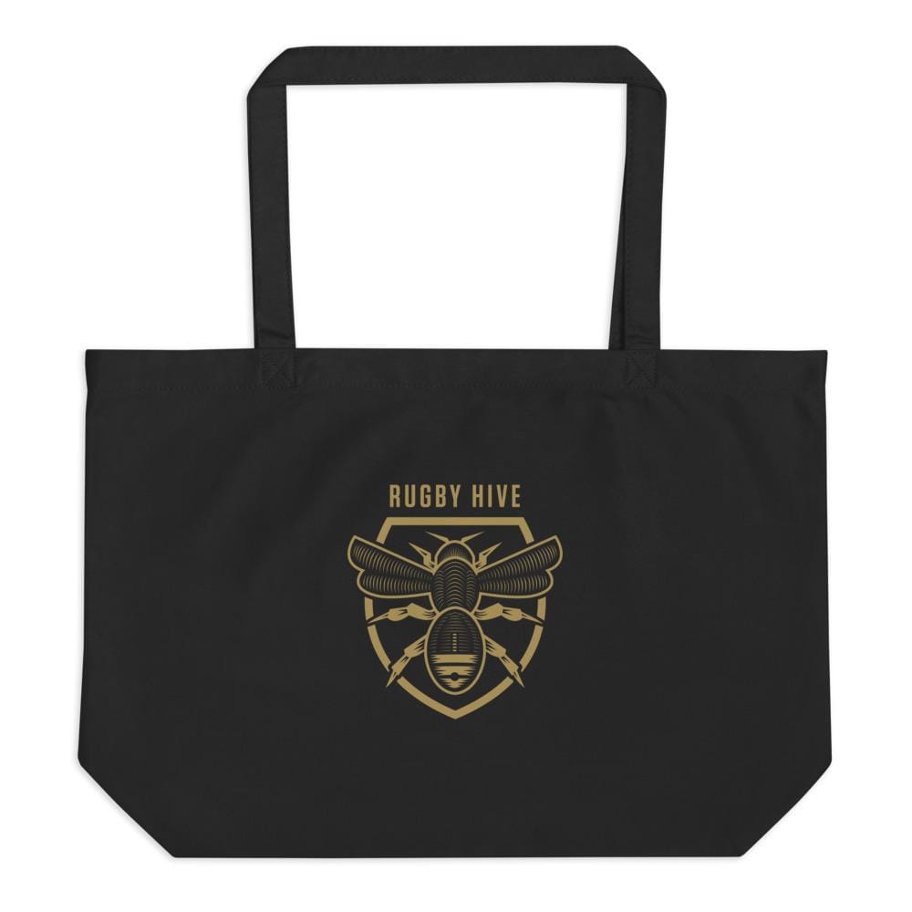 A Rugby Hive Eco Tote Bag with a gold bee on it.