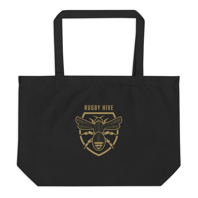 A Rugby Hive Eco Tote Bag with a gold bee on it.