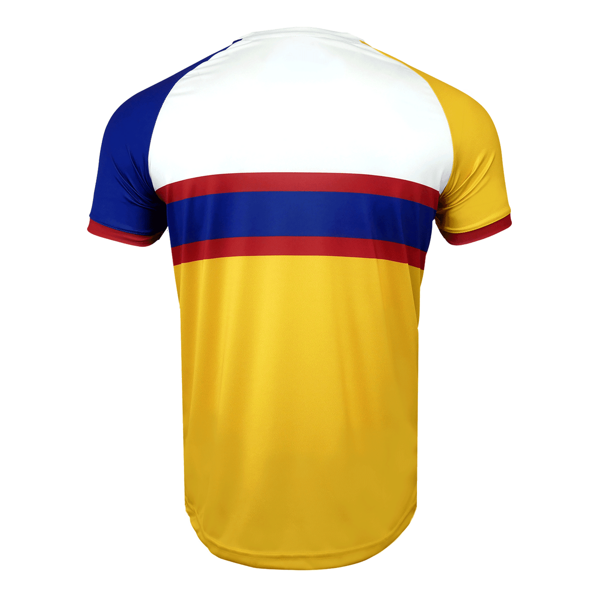 back of the Nation of Rugby romania shirt in white, gold, blue and burgundy with short sleeves and crew neck