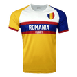 Nation of Rugby Romania shirt in gold, blue and white with the flag crest on the chest. Short sleeves and crew neck