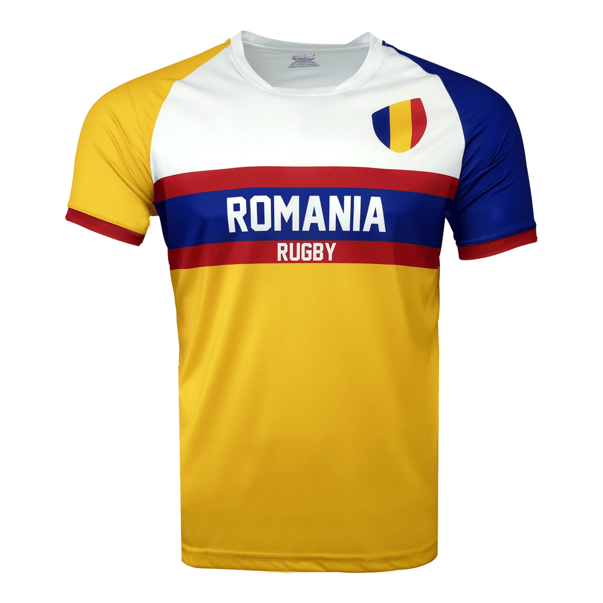 Nation of Rugby Romania shirt in gold, blue and white with the flag crest on the chest. Short sleeves and crew neck