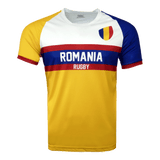 Nation of Rugby Romania shirt in gold, blue and white with the flag crest on the chest. Short sleeves and crew neck