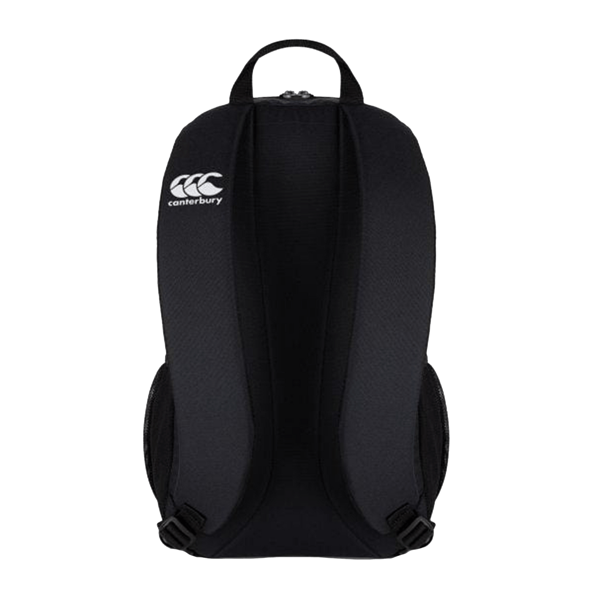A Rebels Rugby Canterbury Medium Black Rugby Backpack with a white logo on it.