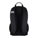 A Rebels Rugby Canterbury Medium Black Rugby Backpack with a white logo on it.