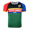 South Africa Rugby Jersey in the SA flag colors black, blue, green, red and gold  with a flag crest on the left-hand upper chest  and South Africa Rugby in white across the chest