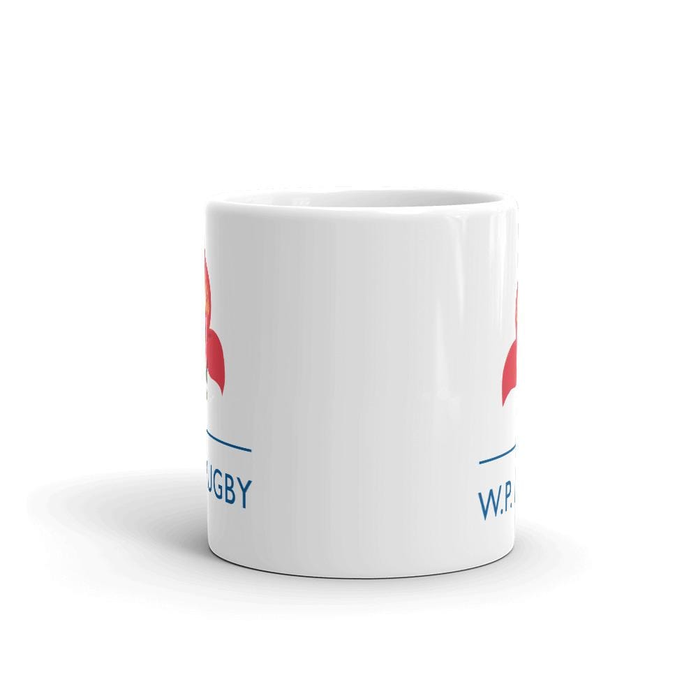 A white W.P. Rugby Mug with a red, white and blue design.