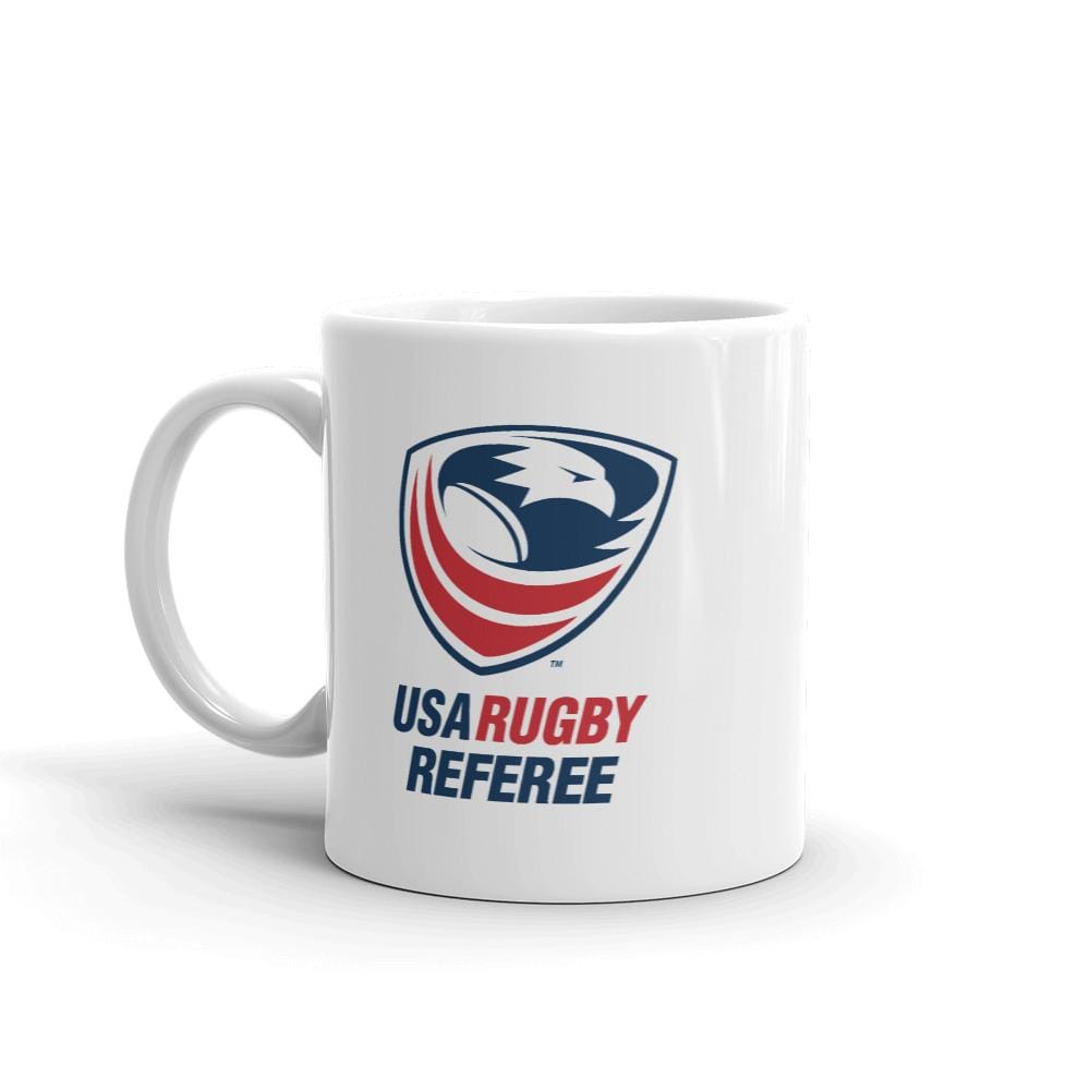 White Ceramic Mug with USA Rugby Referee Logo on Both Sides