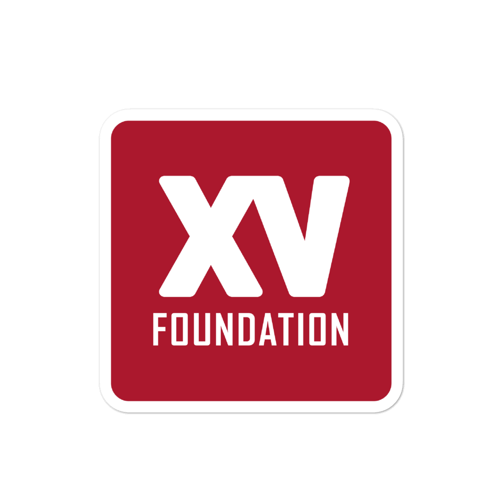 A red square with the word XV Foundation Stickers on it.