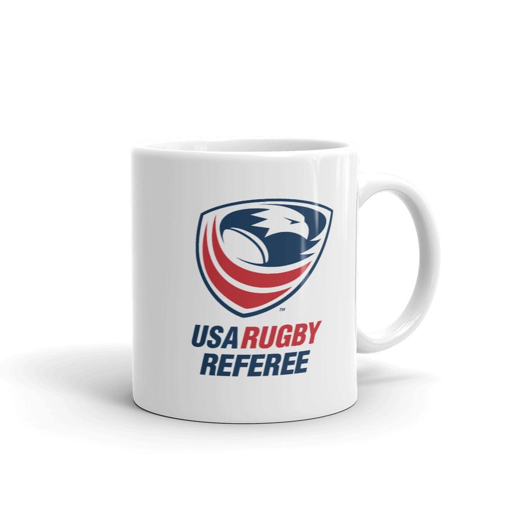 White Ceramic Mug with USA Rugby Referee Logo on Both Sides