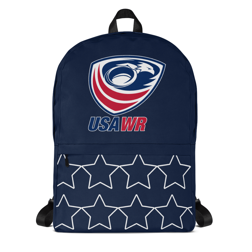 A USA Wheelchair Rugby Backpack with the usawr logo on it.