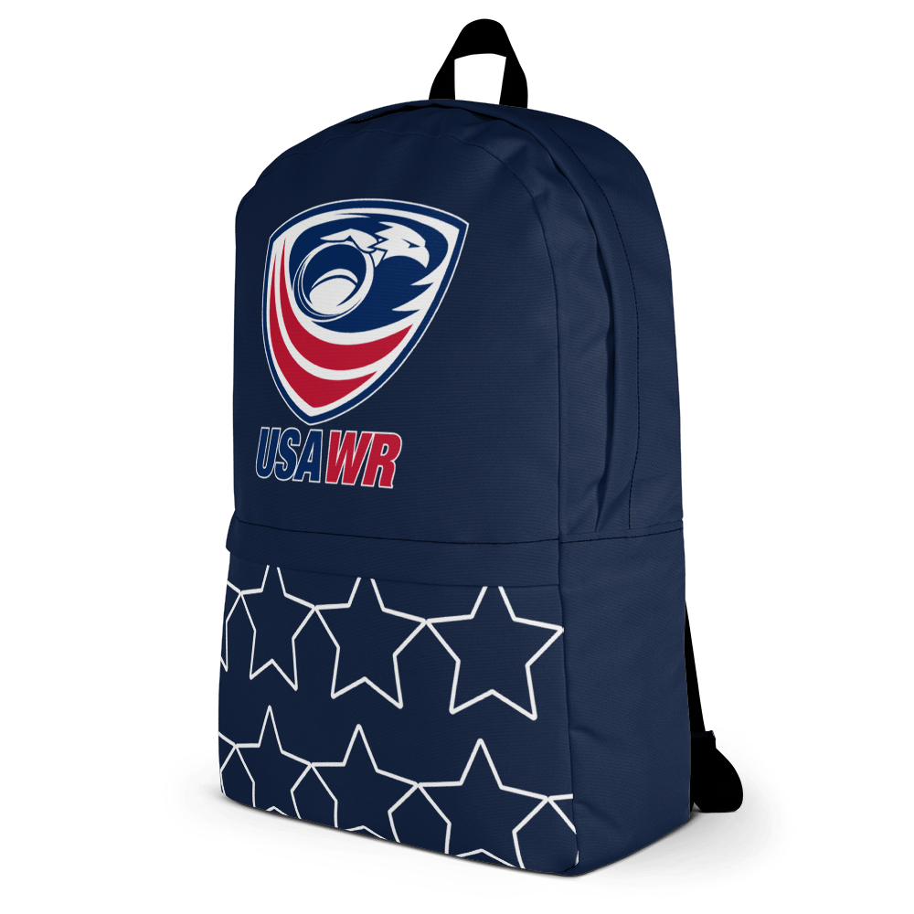 A USA Wheelchair Rugby Backpack with the logo on it.