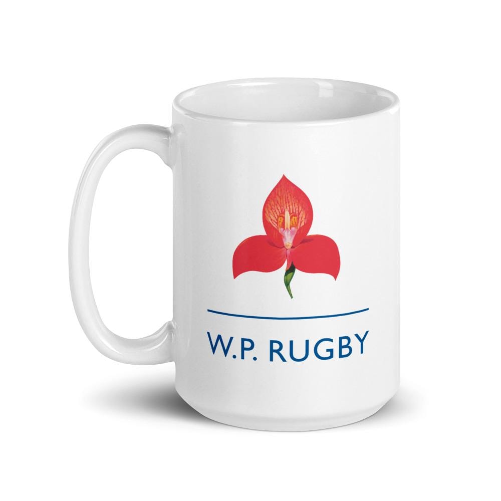 a W.P. Rugby Mug with a red flower on it.