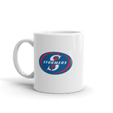 A Stormers Rugby Mug with a blue and red logo.