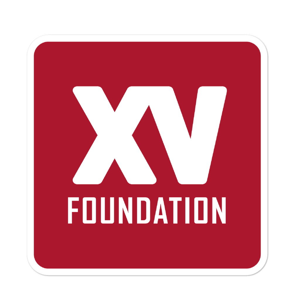 A red and white square with the words XV Foundation Stickers.