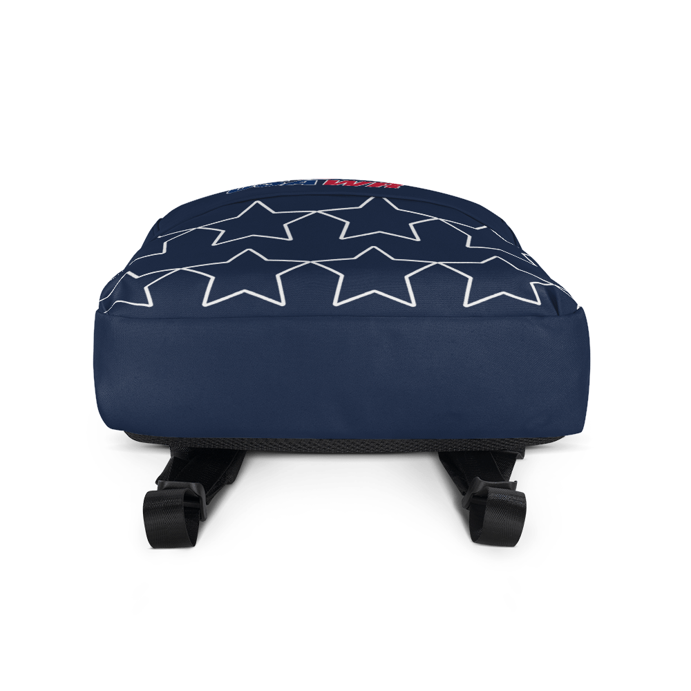 a USA Wheelchair Rugby Backpack with white stars on it.