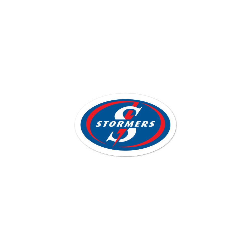 A blue and red logo with the words Stormers Stickers on it by PF.